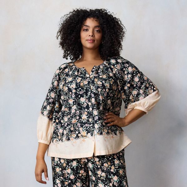 

Топ в крестьянском стиле с рукавами реглан и пуговицами спереди большого размера Lc Lauren Conrad, цвет black lizzie border