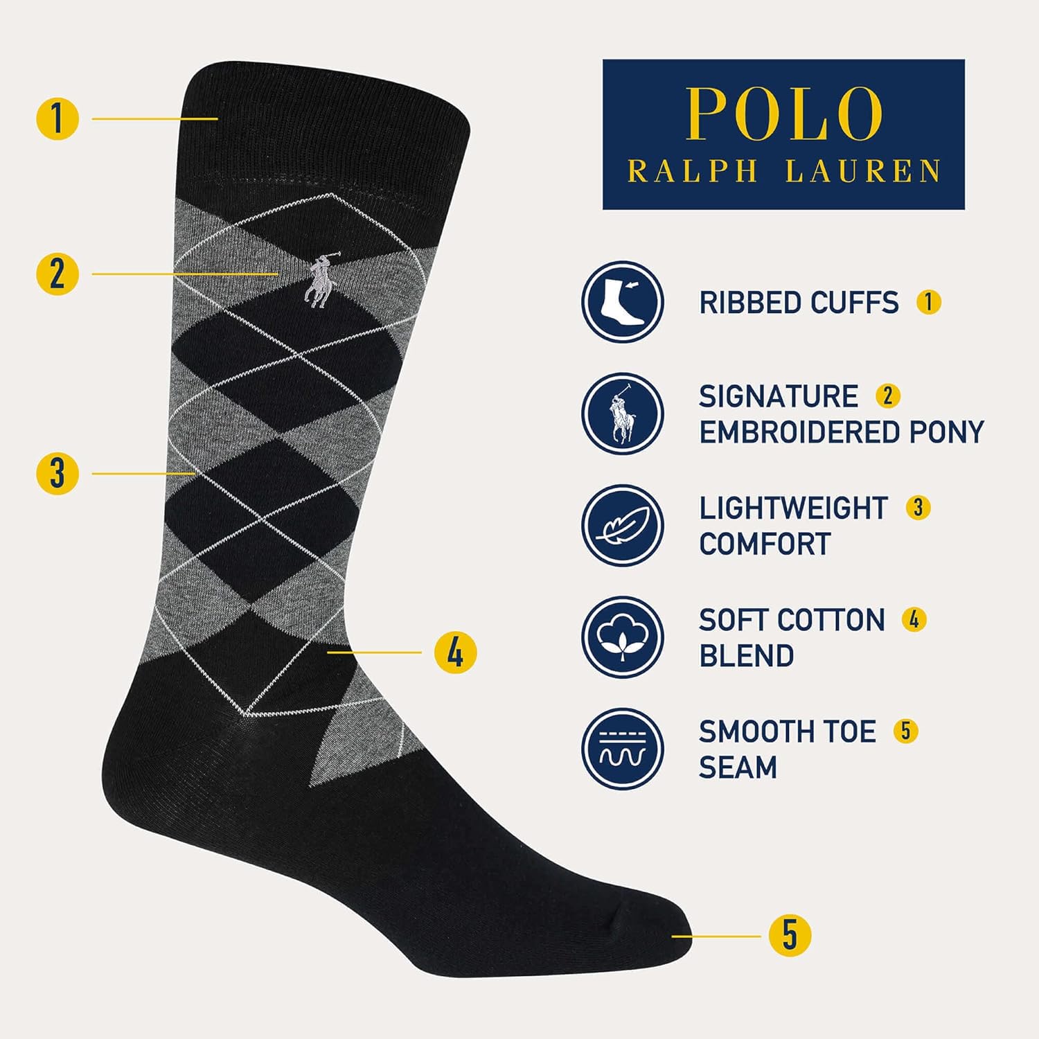 POLO RALPH LAUREN Мужские носки-гольф с ассорти рисунком (4 пары), Black — фото 2