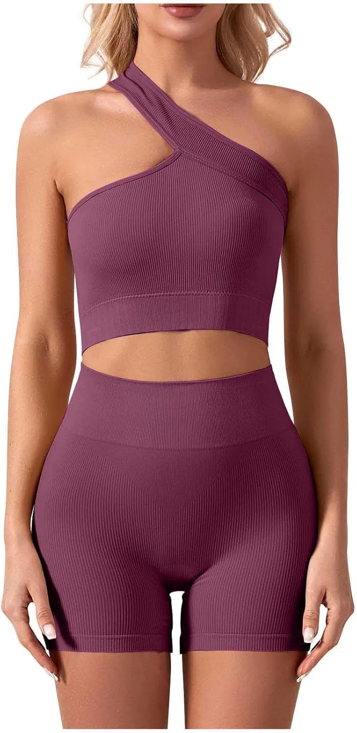 Спортивный костюм для женщин, топ на одно плечо и шорты, бренд Generic, Hot Pink