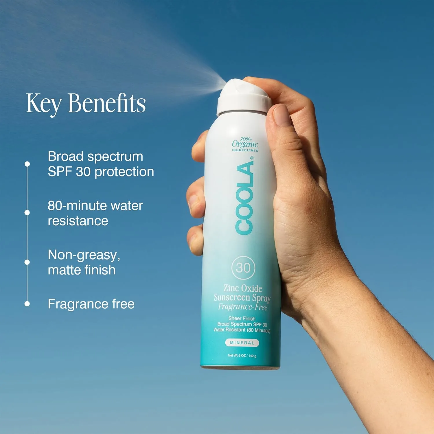 Солнцезащитный спрей COOLA Organic Mineral Sunscreen SPF 30, протестирован дерматологами, обеспечивает ежедневную защиту кожи, подходит для веганов и не содержит глютена, без отдушек, 140 мл. — фото 3