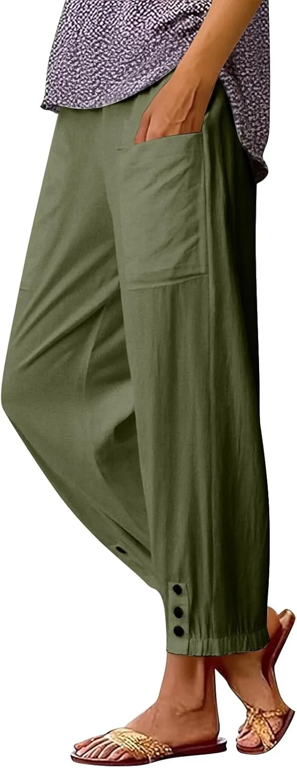 

Женские хлопковые льняные брюки летние с высокой талией свободного кроя на резинке и шнурке с карманом