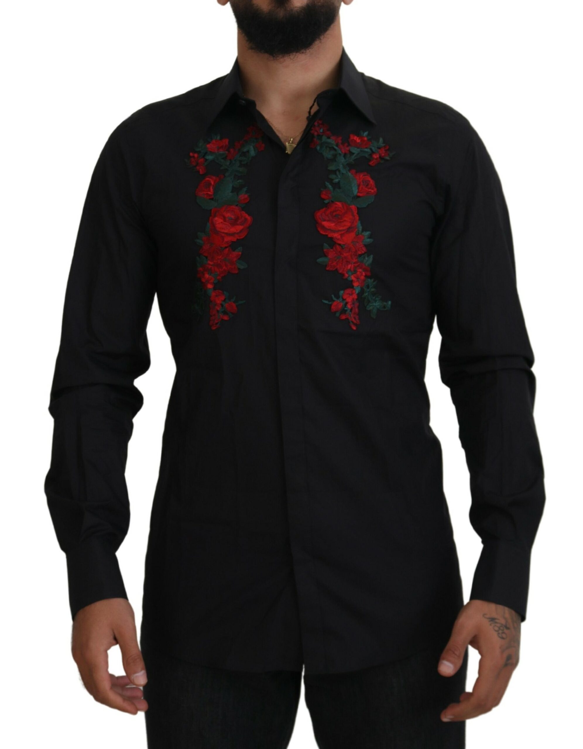 

Элегантная хлопковая рубашка с цветочной вышивкой Dolce & Gabbana, черный