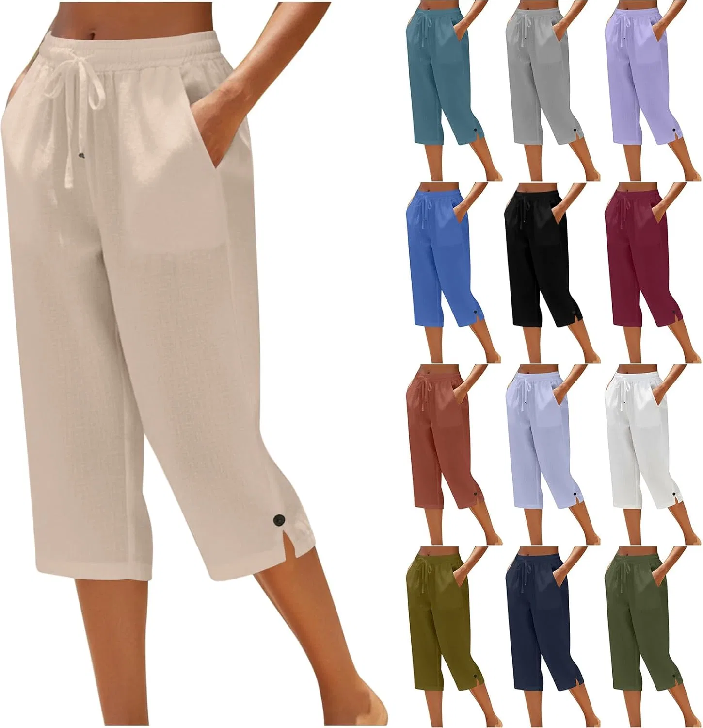 Капри для женщин из льна и хлопка, A#khaki