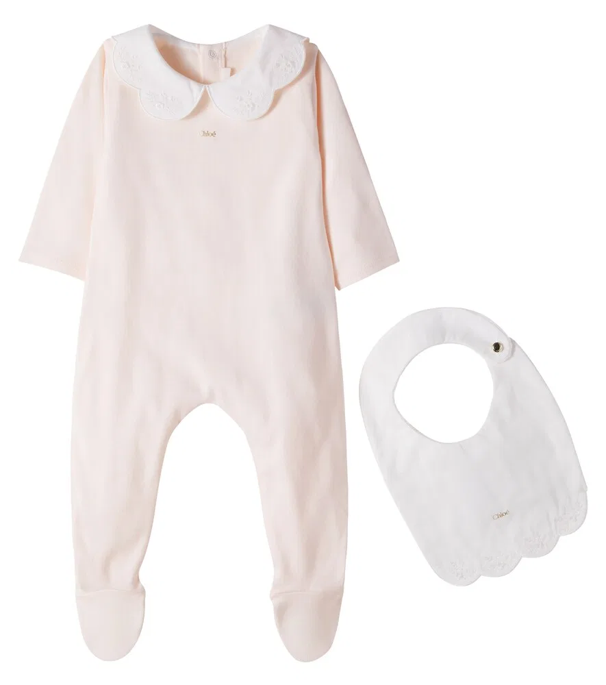 Детский хлопковый комбинезон с вышивкой и нагрудник Chloé Kids, розовый