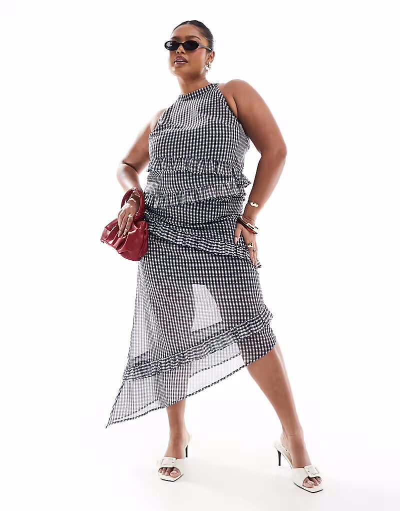 

Эксклюзивная юбка миди с асимметричной отделкой воланами в серую клетку Renee Studio