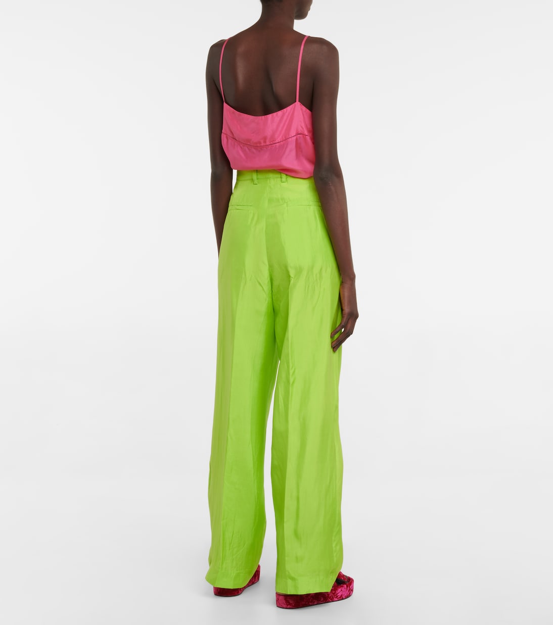 Широкие брюки из смесового шелка с высокой талией Dries Van Noten, Neon Green — фото 3