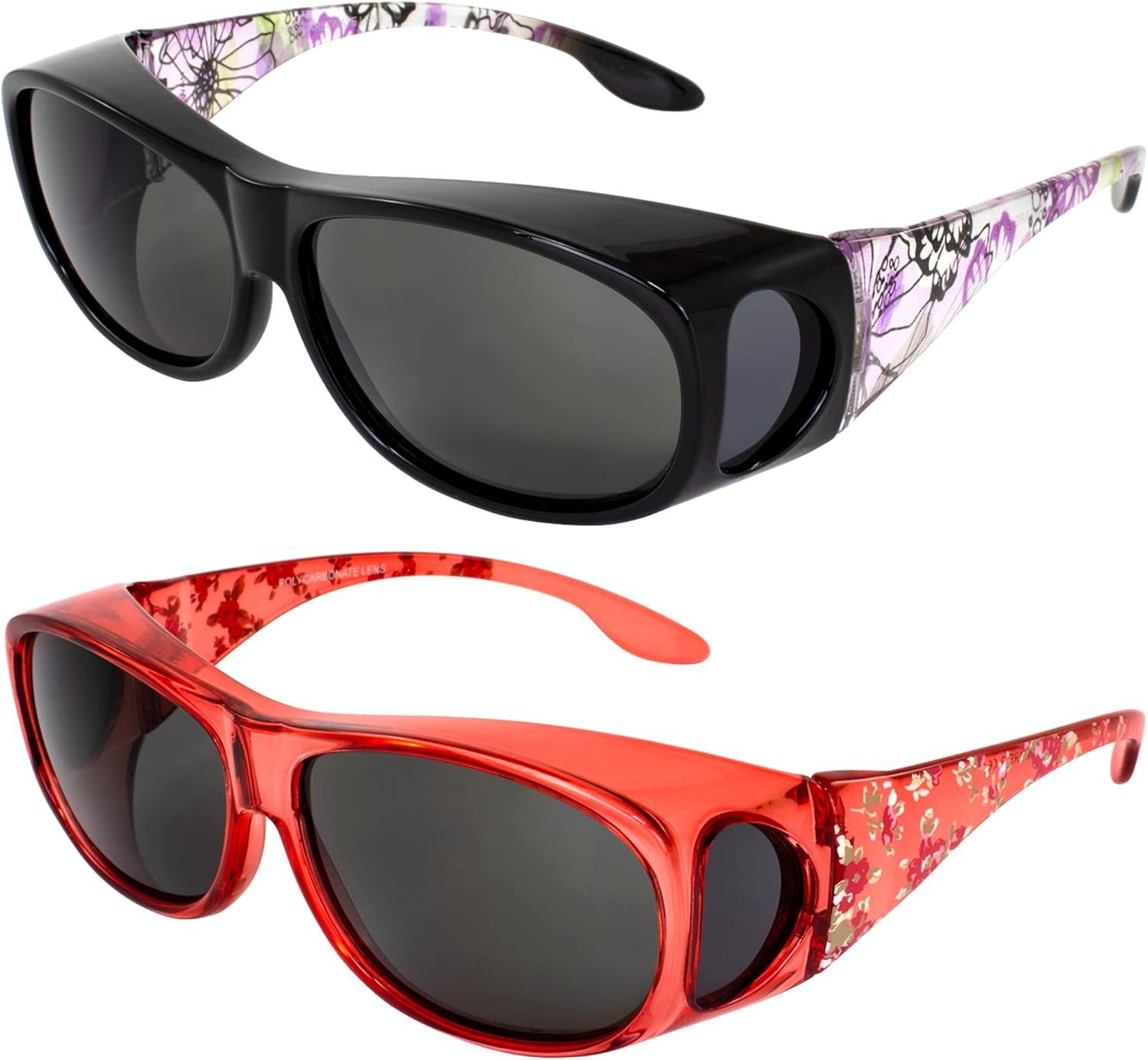 

Солнцезащитные очки Global Vision Fanfare-2 для женщин, 2 пары, фиолетово-красная оправа с цветочным узором и дымчатыми линзами, надеваются поверх обычных очков, Purple & Red