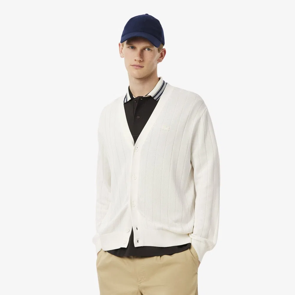 Мужской хлопковый кардиган в рубчик молочно-белый от Lacoste