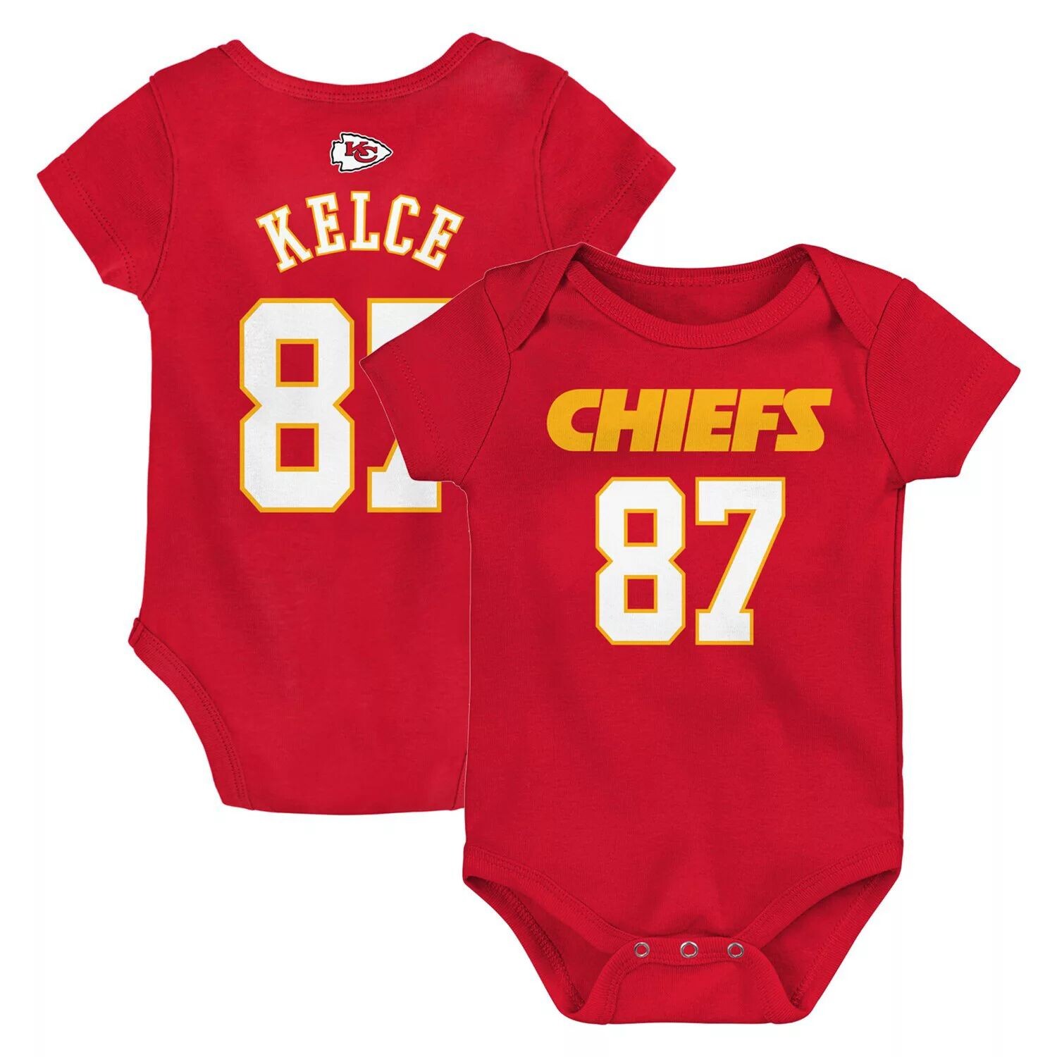 

Младенческое боди Travis Kelce Red Kansas City Chiefs Mainliner с именем и номером игрока Outerstuff