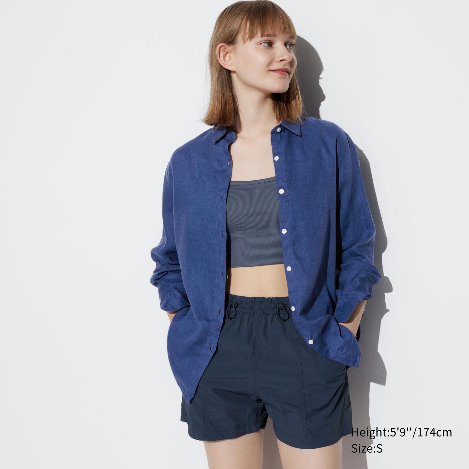 

Рубашка из 100% льна премиум-класса UNIQLO, синий