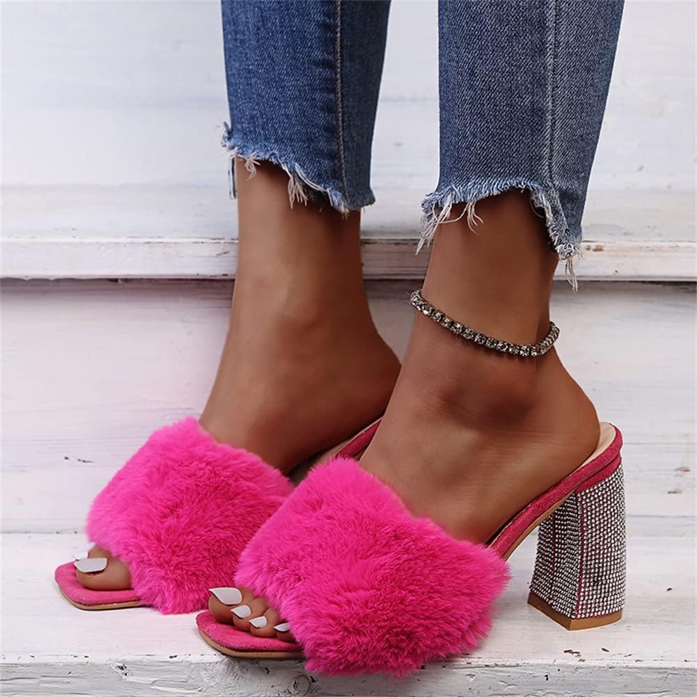 HOTRA Women Fluffy Chunky Heel Slippers with Rhinestone Open Toe Slip On Сандалии Shoes (Color : Rose Red, Size : 12 US), розовый — фото 2