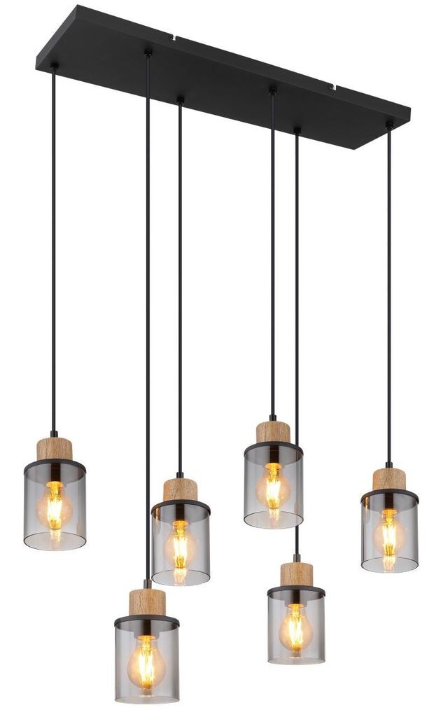 

Подвесной светильник Globo Lighting металл черный матовый, дерево темно-коричневое, стекло дымчатое, кабель ПВХ черный, высоту можно укоротить, ДхШхВ: 620x180x1200 мм, без 6x E27 15Вт 230В.