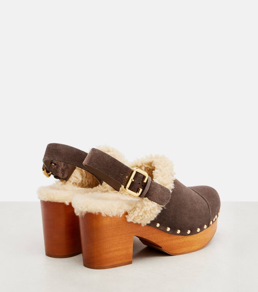 Жаннет замшевые клоги на платформе с отделкой из овчины Chloé, Burnt Brown — фото 2