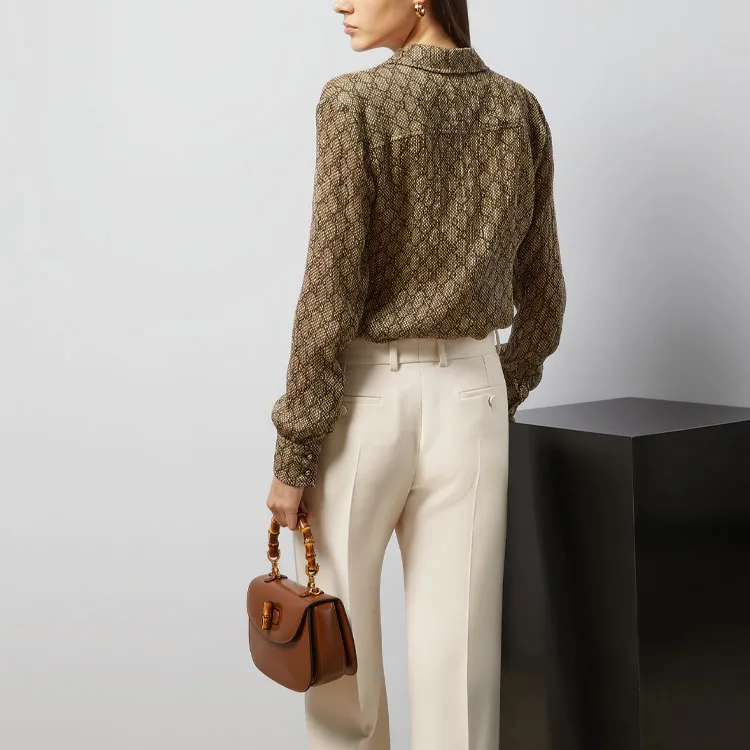 Рубашка GUCCI Gg Damier Print, шелковая, цвет умбра — фото 4