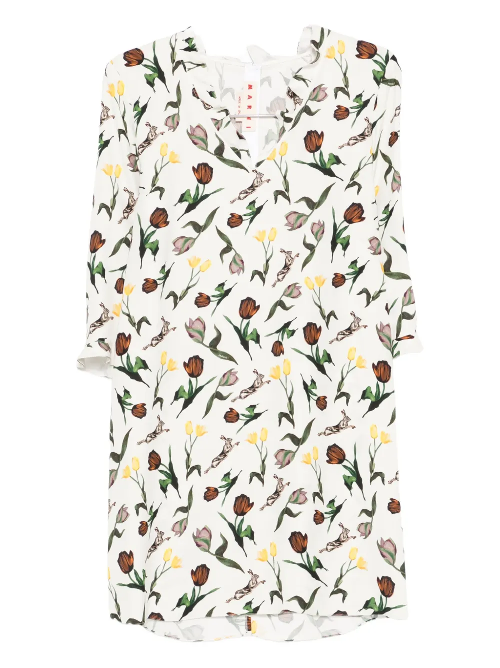 

Мини-платье с принтом тюльпанов и зайцев Marni, белый