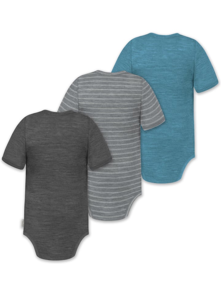 Normani Outdoor Sports Комплект из 3 унисекс комбинезонов-боди с короткими рукавами и пуговицами из мериносовой шерсти для младенцев, синего, серого и антрацитового цвета — фото 2