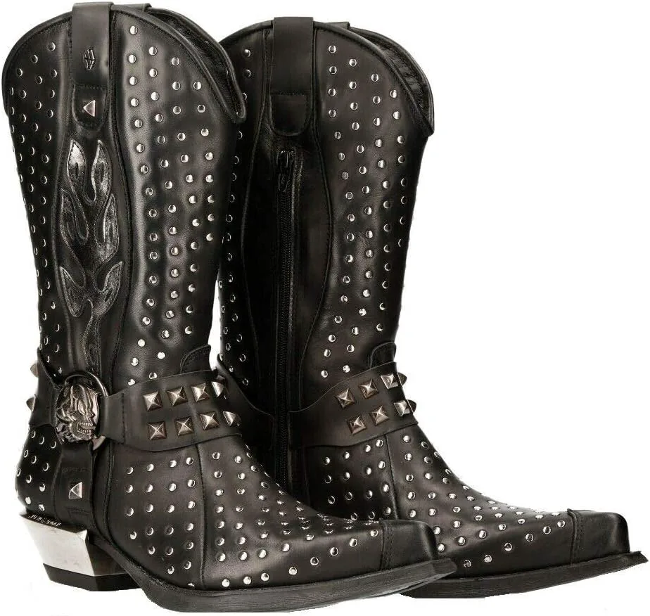 

Новые мужские ковбойские сапоги New Rock M-7928-S1 WESTERN черная кожа, тяжелые байкерские с серебряными заклепками, черный