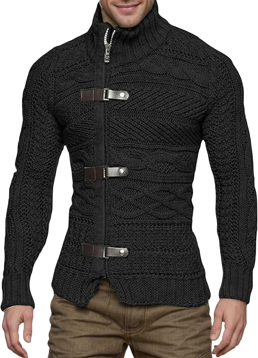 

Мужской кардиган с косой молнией и кожаными пуговицами LGHLMCL