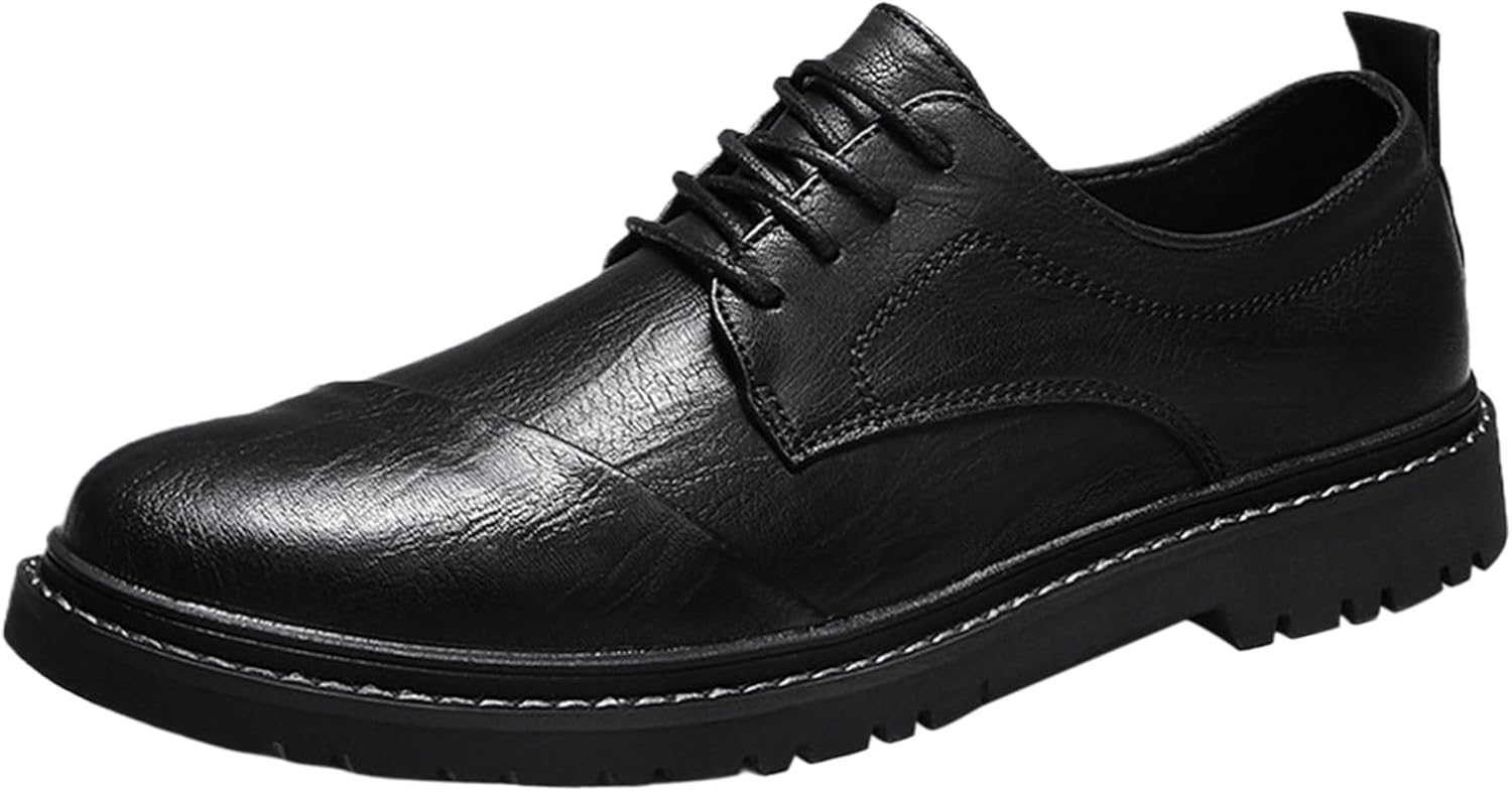 

Мужские кожаные повседневные оксфорды с перфорированным носком, винтажный круглый носок, удобная рифленая подошва, классическая шнуровка, деловые формальные туфли-дерби для свадьбы, вечеринки, офиса, работы и повседневной носки Bangteuo, черный