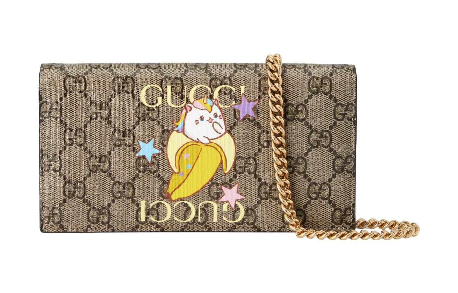 

GUCCI Bananya Banana Meow, коллаборация, холщовая сумка на цепочке, через плечо, кроссбоди, кошелек, женская, бежевый/ebony