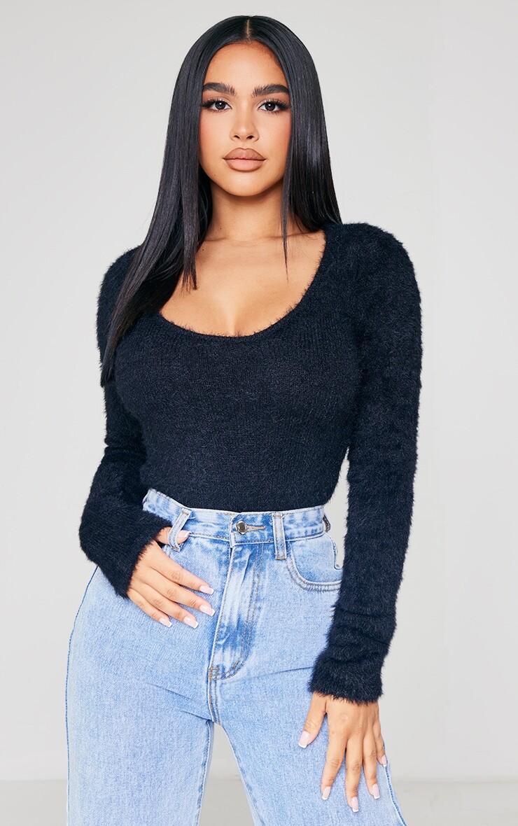 

PrettyLittleThing Миниатюрное черное пушистое боди с круглым вырезом и длинными рукавами