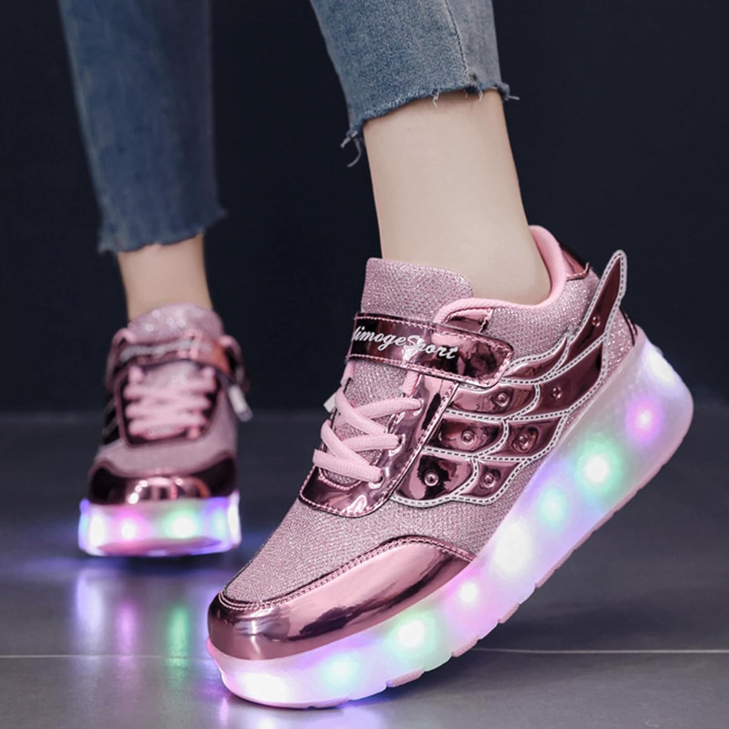 Детские роликовые кроссовки Aikuass с USB-подзарядкой и светящейся LED-подсветкой для мальчиков и девочек, розовый — фото 3