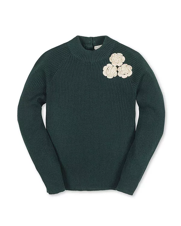 

Детский свитер с длинными рукавами и воротником-стойкой из органического хлопка, украшенный розочками - для малышек и девочек постарше. Hope & Henry, зеленый
