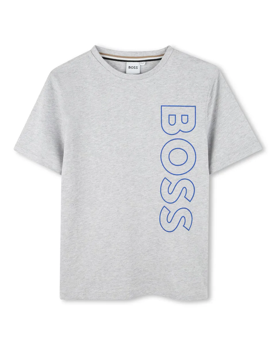 

Футболка для мальчика из 100% хлопка с вертикальным логотипом BOSS Kidswear, светло-серый