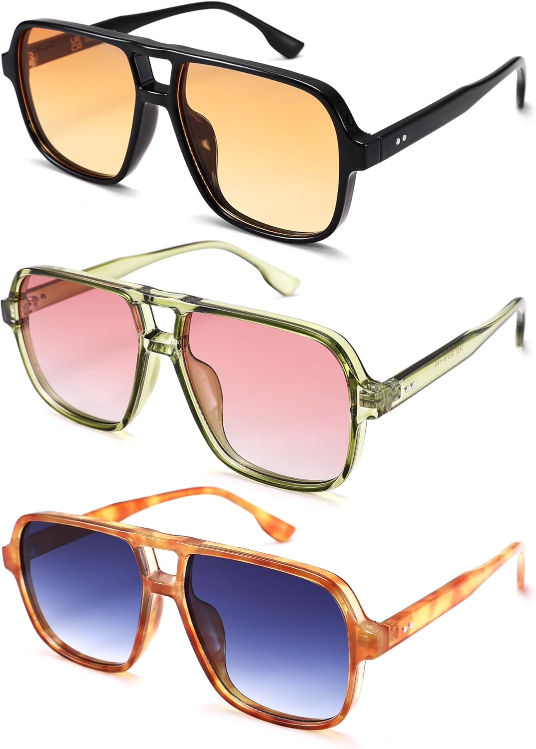 

LIU·WEN Ретро большие солнцезащитные очки-авиаторы для женщин, набор из 3 штук - винтажные квадратные модные очки в стиле 70-х, A2 Black/Orange + Green/Gradient Red + Tortoiseshell/Gradient Blue