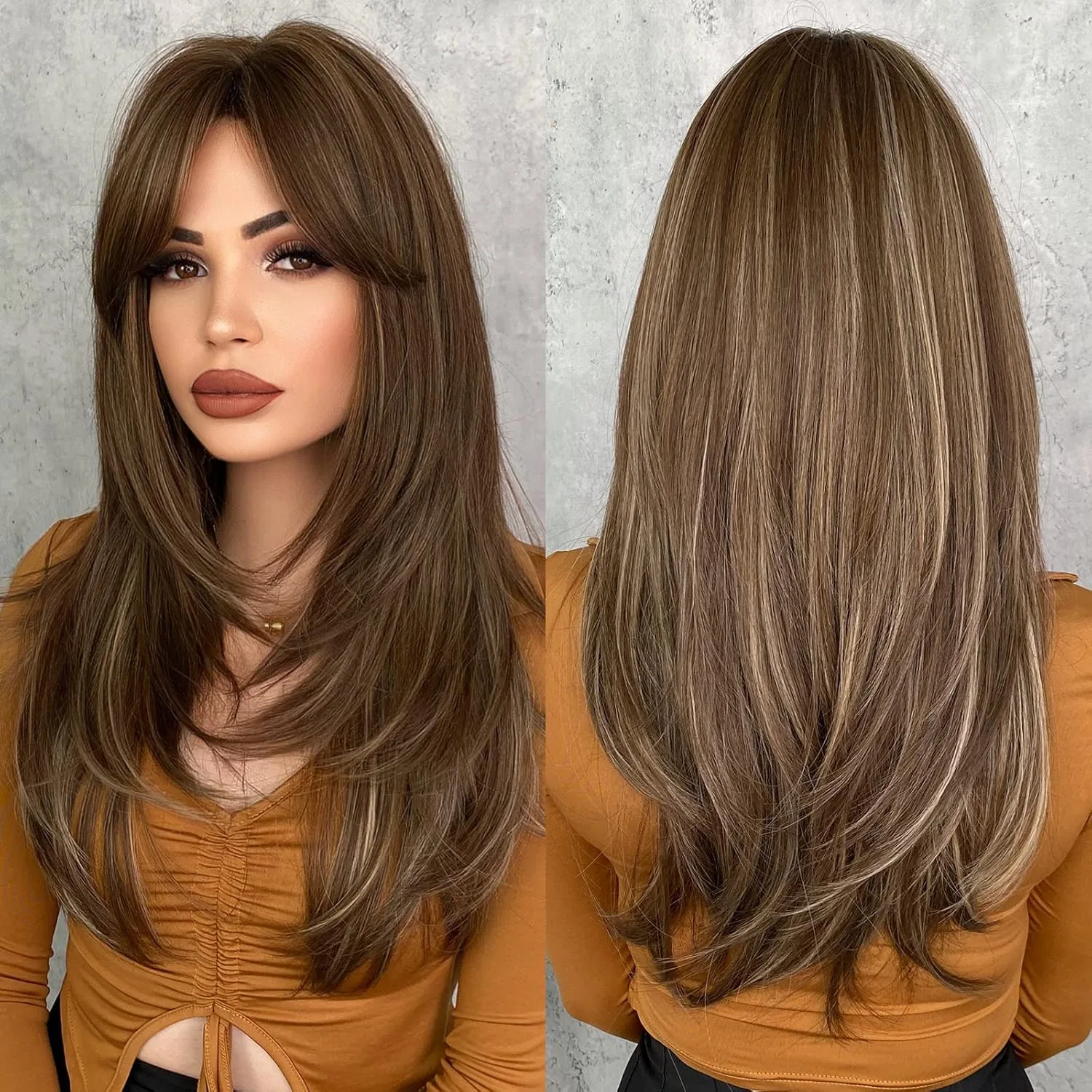 Длинный многослойный парик «Honey Blonde Brown» с челкой от 7JHH WIGS 7Jhh Wigs, Ombre Honey Blonde