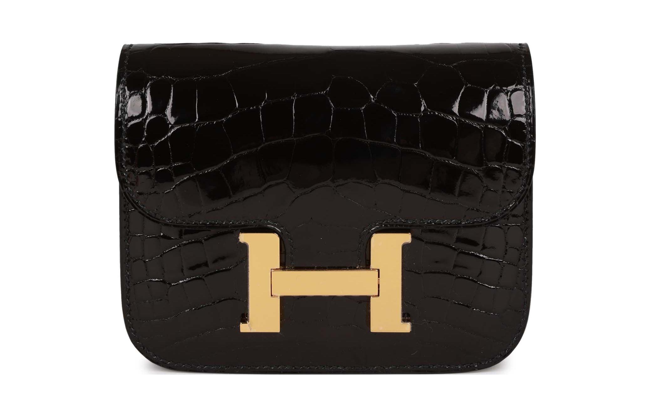 

Констанс Слим Кожаный Клач Крокодил Женский Черный HERMES