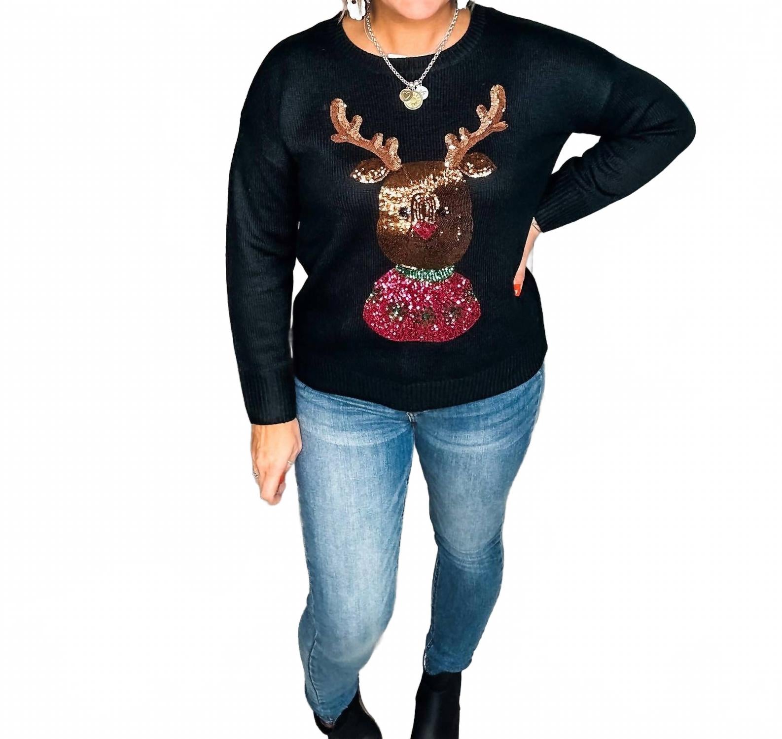 

Рождественский свитер с рукавами длиной и пайетками в виде Рудольфа в черном цвете ANDREE BY UNIT