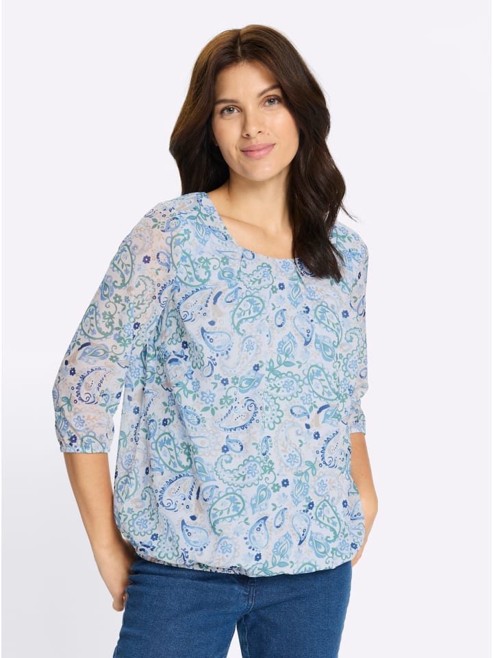 

Блузка-слипон небесно-голубого цвета с принтом экрю Sieh an!