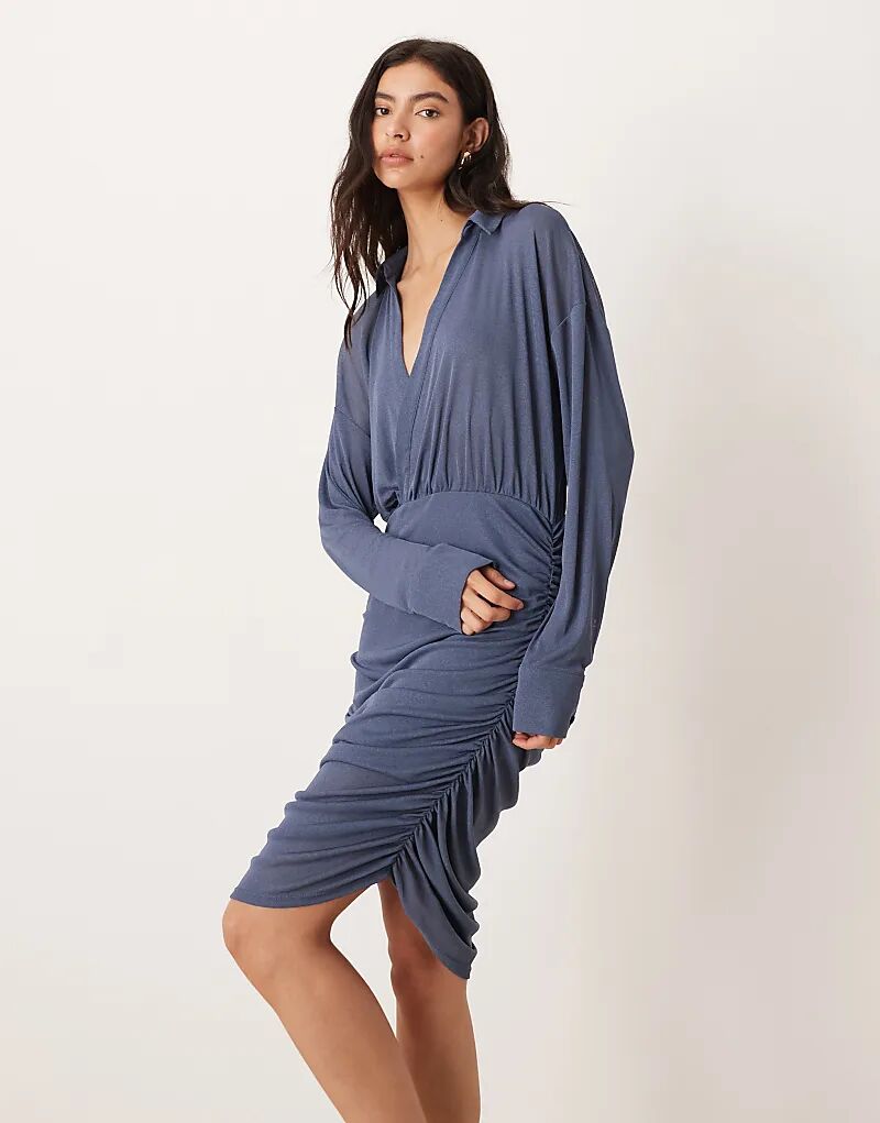 

Мини-платье ASOS DESIGN с воротником, рюшами и запахом, джинсово-синего цвета