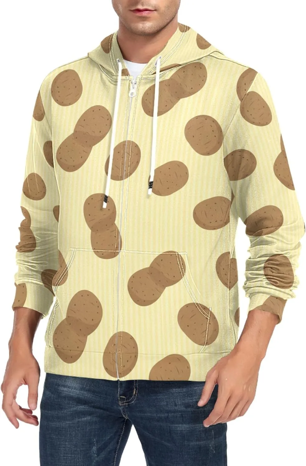 

Мужской худи на молнии с коричневым картофельным принтом, длинный рукав, с карманом CUPADA