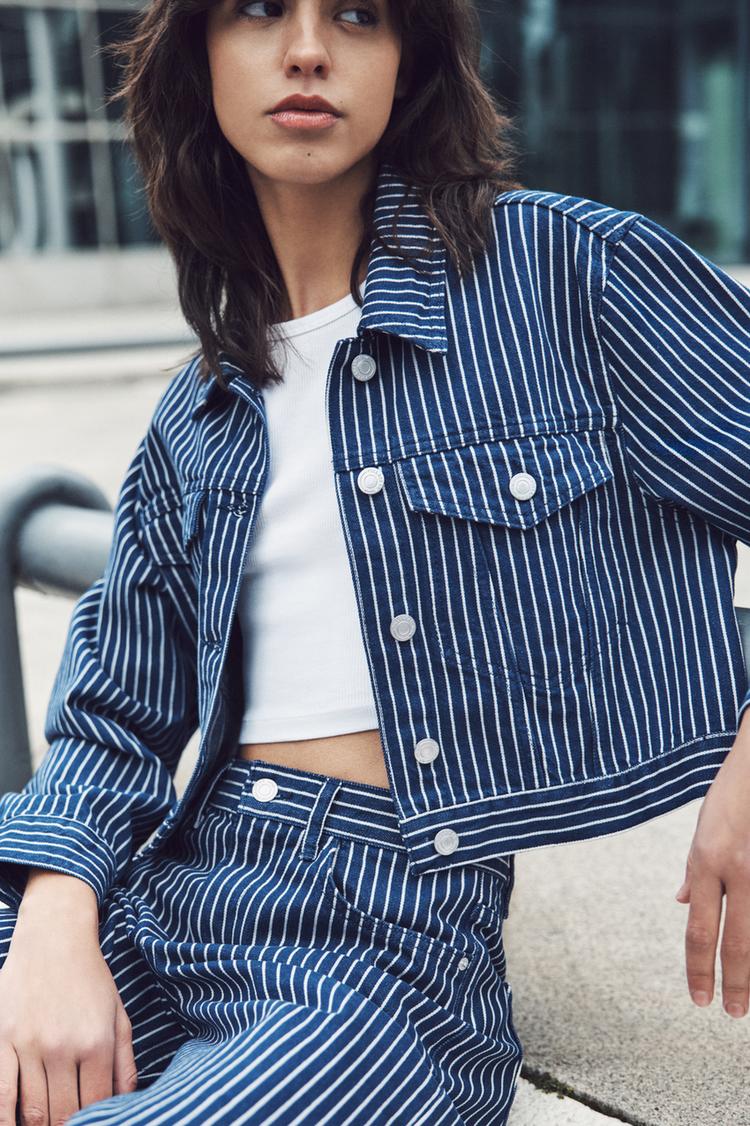 

Джинсовая куртка в полоску большого размера Pull And Bear, синий