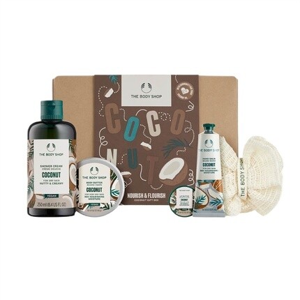 

Набор Nourish & Flourish Coconut — гель для душа 250 мл, масло для тела 50 мл, крем для рук 30 мл, бальзам для губ 10 мл, спонж для тела The Body Shop