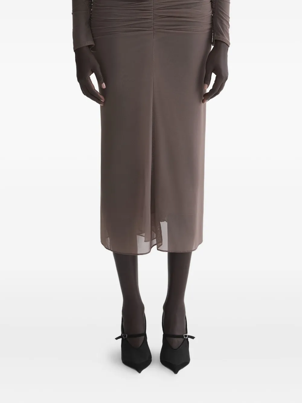 

Юбка из сетчатой ткани со сборками и асимметричным кроем Mugler, коричневый