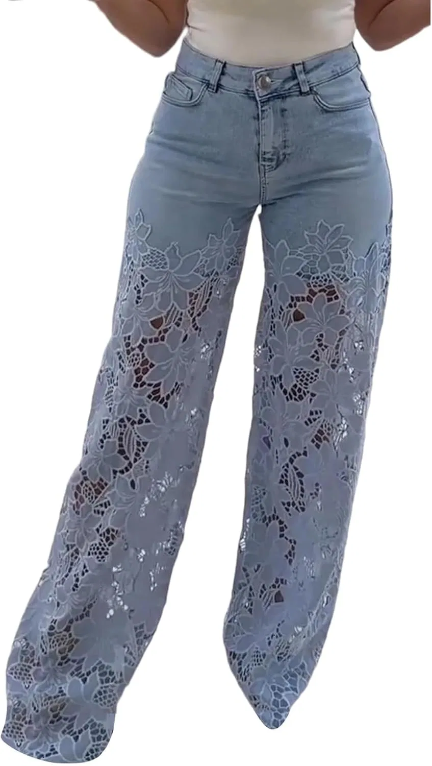 Джинсы с кружевом, High Waisted Wide Leg, Голубой