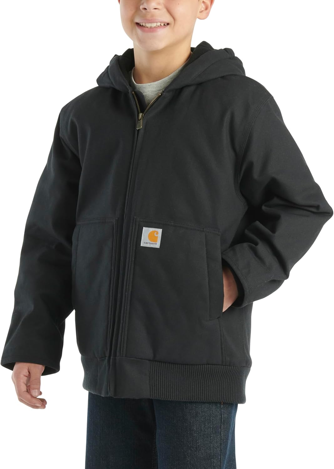 Carhartt Boys' Flannel-Lined Hooded Canvas Insulated Zip-Up Jacket, Caviar Black — фото 3