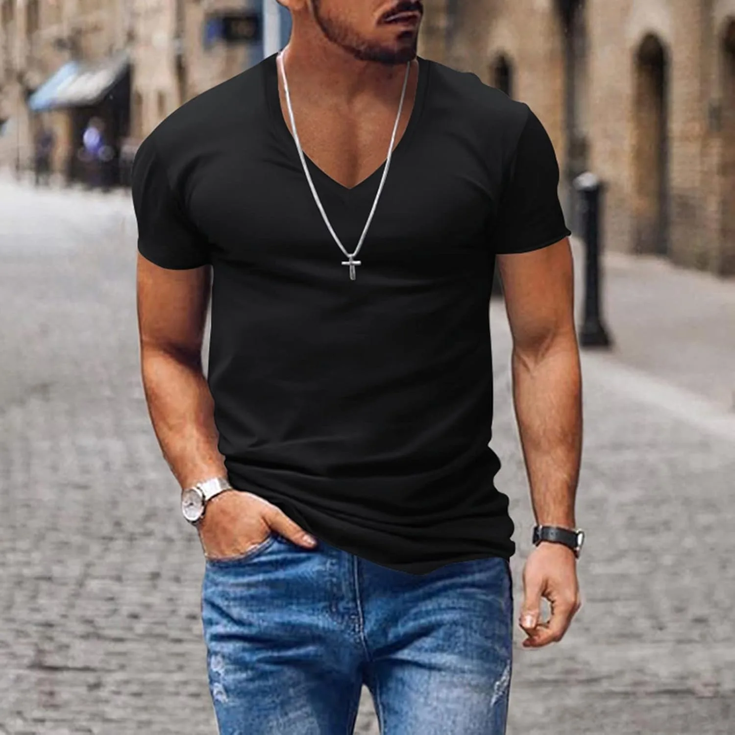 Мужская футболка с V-образным вырезом, Slim Fit, легкая — фото 2
