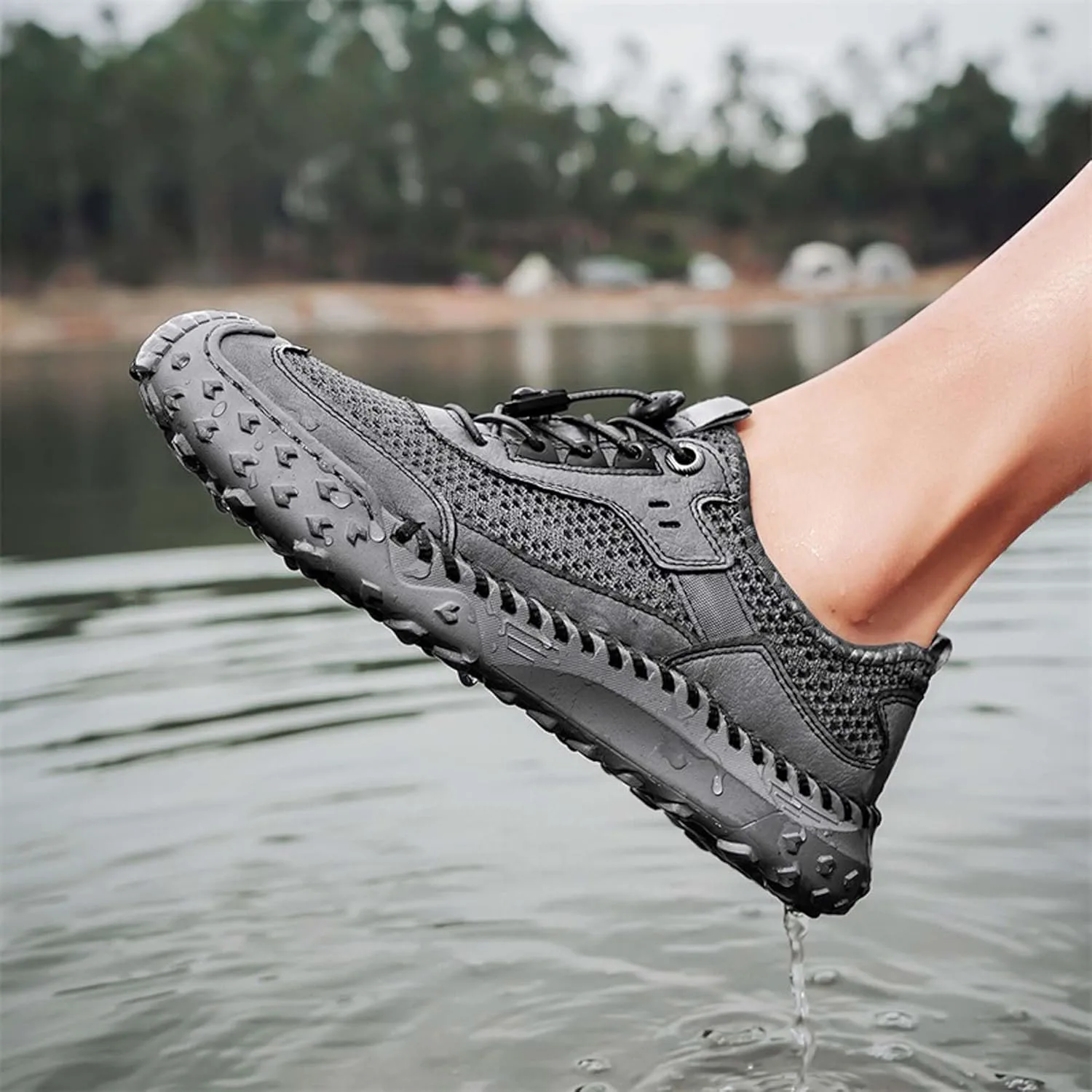 Мужские водные туфли Летняя мода Сетчатые дышащие для активного отдыха и кросс-кантри Кроссовки Нескользящие Удобные повседневные прогулочные обувь Generic, серый — фото 3