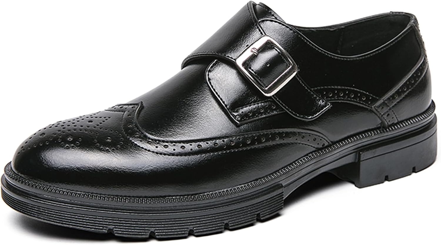 

Мужские кожаные туфли с одной пряжкой, оксфорды с крыльями, платформой, круглым носком, без шнуровки, низкие броги, повседневные и деловые лоферы Ptnoka, черный