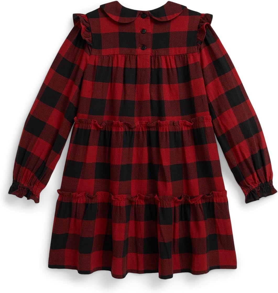 Платье из хлопкового твила с оборками в клетку буффало Polo Ralph Lauren Kids, Red/Black Check — фото 2