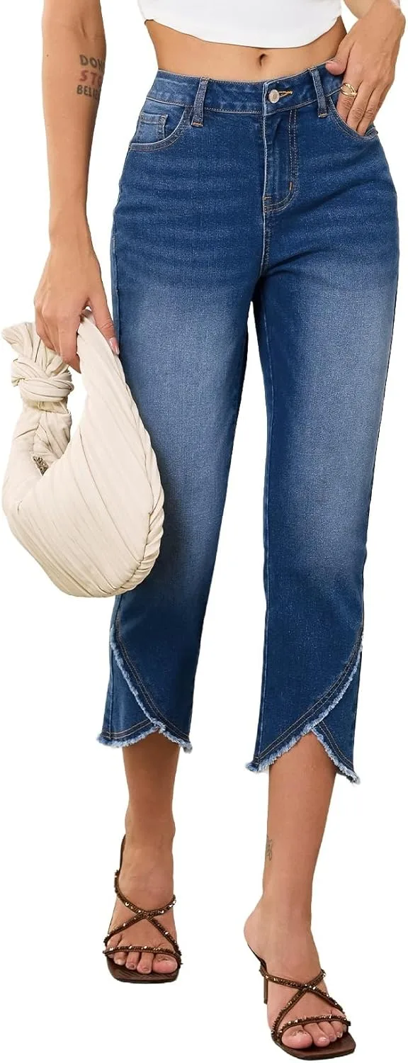 

Sidefeel женские джинсы с высокой посадкой, облегающие укороченные с рваным краем