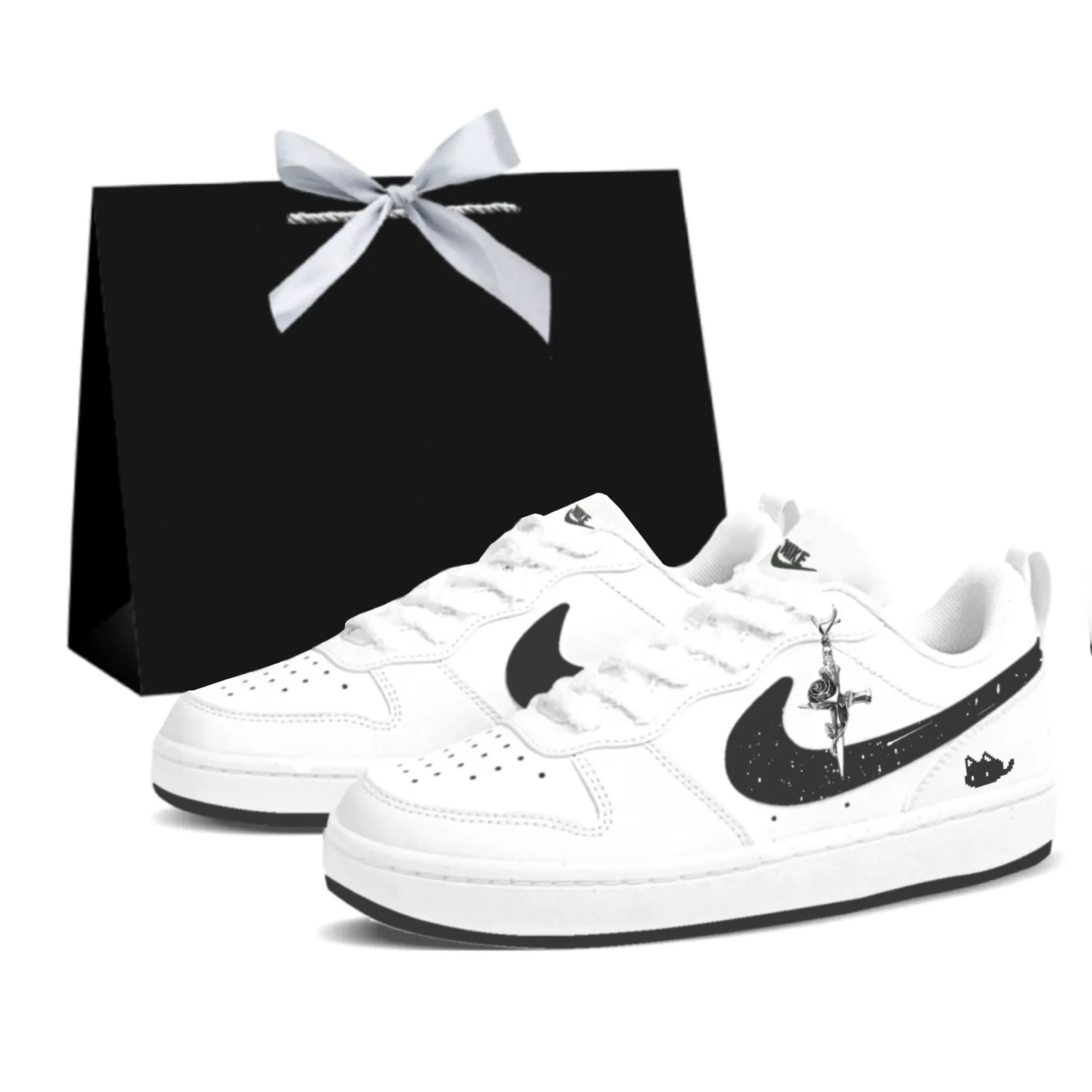 Nike Кроссовки для скейтбординга Court Borough 2 Pixel Kitten Low Top черно-белые