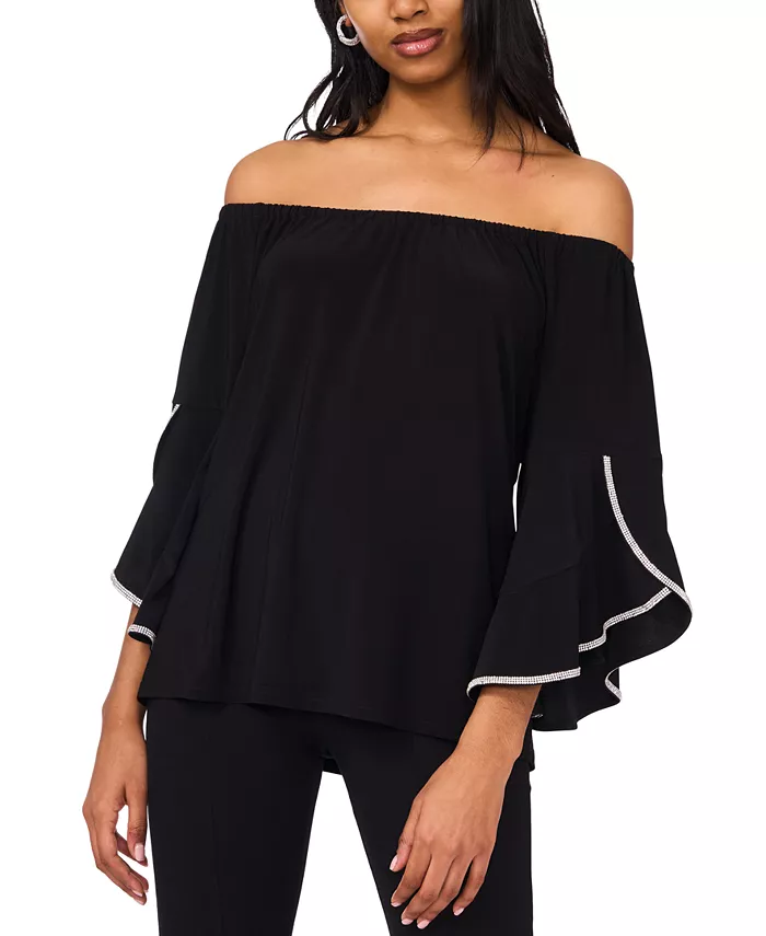 

Топ с открытыми плечами и декорированными манжетами 3/4 Plus Size MSK, черный