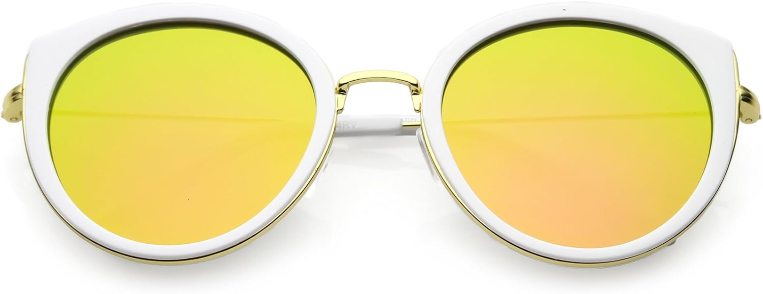 

zeroUV - Современные солнцезащитные очки в форме «кошачий глаз» с круглыми цветными зеркальными линзами и металлическим ободком, диаметр линз 53 мм, White Gold / Magenta Mirror