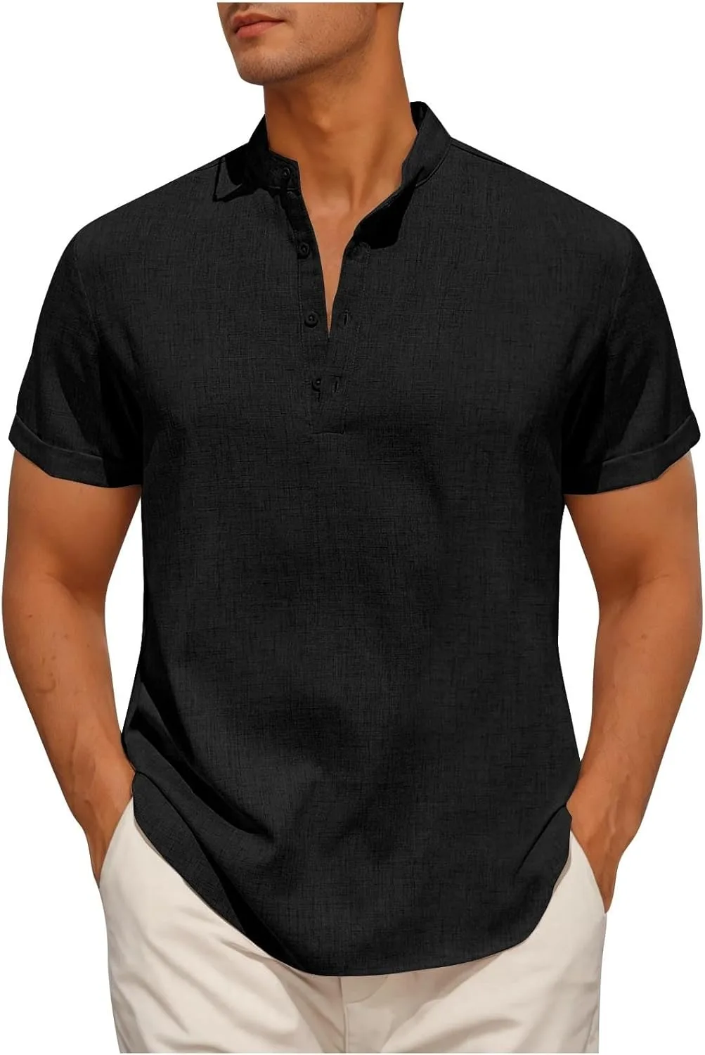 

Мужская хлопковая льняная рубашка с коротким рукавом Henley QUNPIU