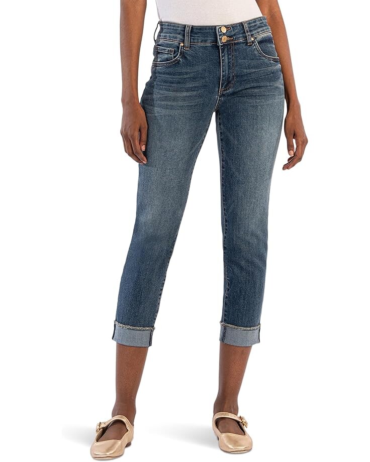 

Джинсы KUT from the Kloth Amy Crop Straight-Wstbnd Double Btn Roll Up, цвет Showcase W/Dk Base Wash